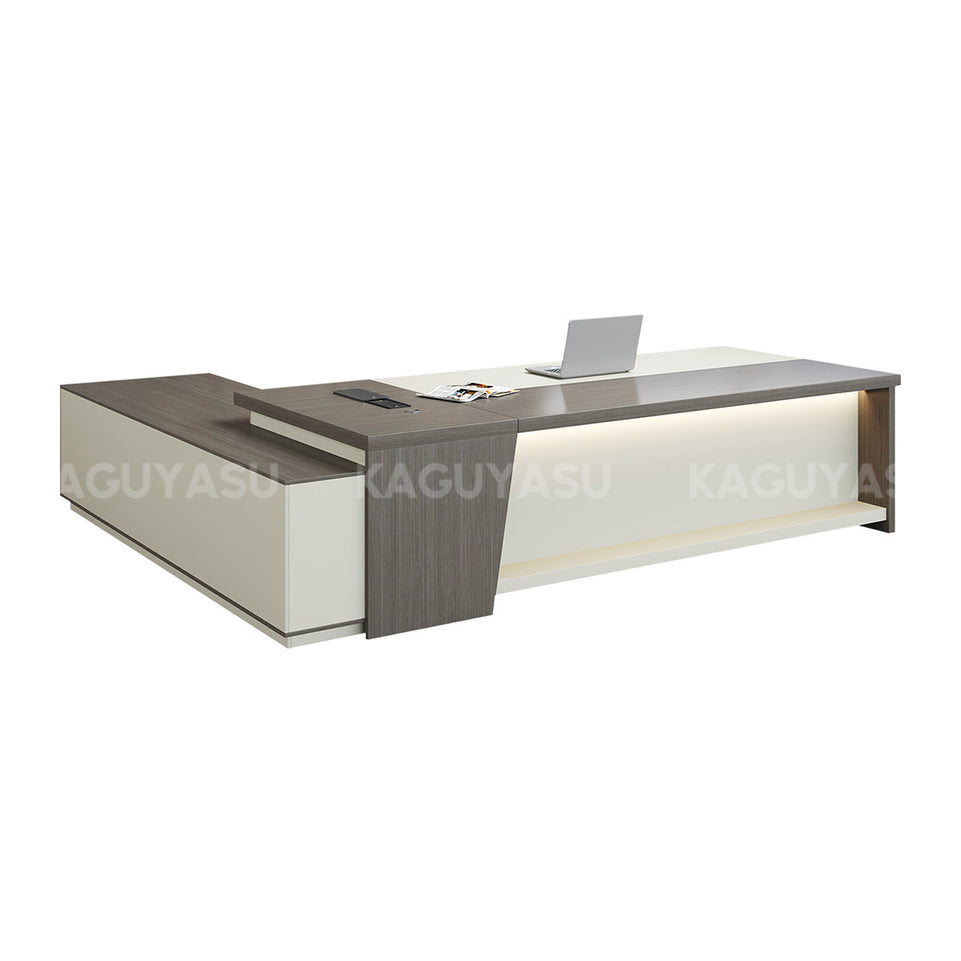 L-Shaped Executive Desk with LED Lighting, Side Storage & Cable Management for Home Office