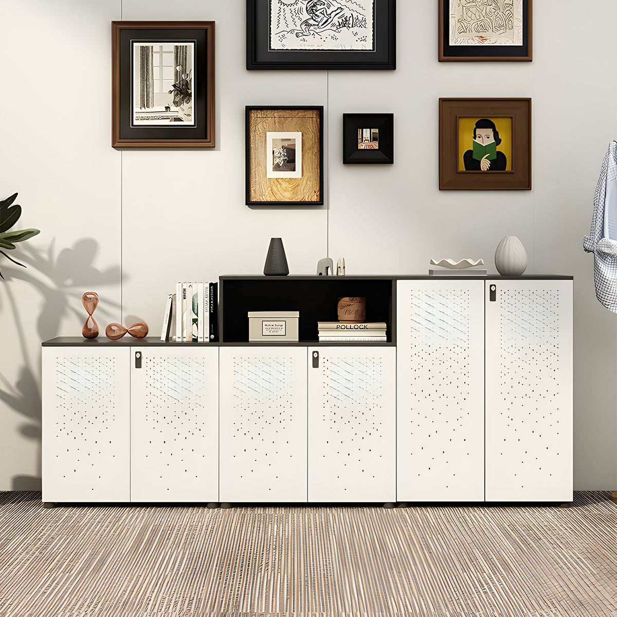 Sleek Lockable Metal Wood Cabinet for Office Storage, Adjustable Shelves, Durable Steel Doors, Spacious Partitioned Organizer CWG-2173