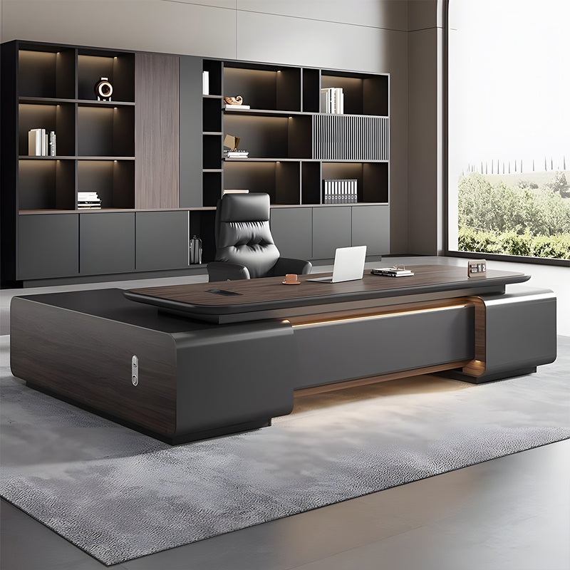 Modern Executive Desk with Wireless Charging, Curved & Cable Management for Home Office