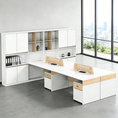 L-Shaped Reception Desk with Built-In Outlets, Cable Management & Side Storage for Retail