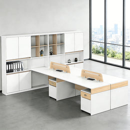L-Shaped Reception Desk with Built-In Outlets, Cable Management & Side Storage for Retail