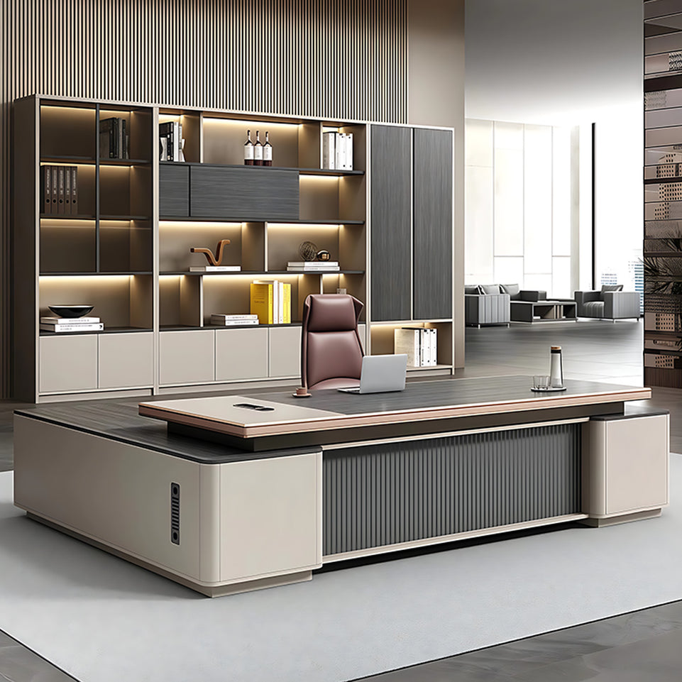 Modern Executive Desk with Wireless Charging, Built-In Outlets & Side Storage