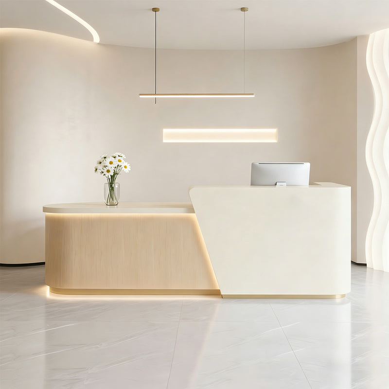 Curved Reception Desk 47-157 in Wide with LED Lighting, Lockable & File Drawers for Salon