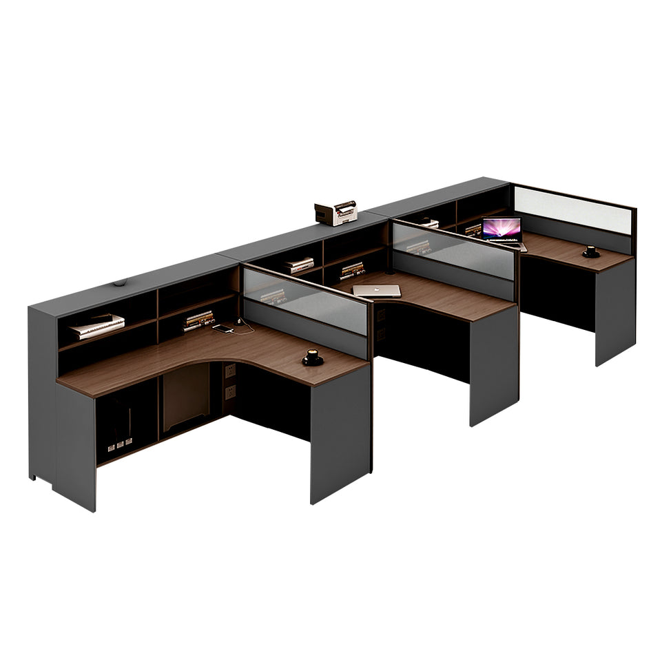 L-Shaped Office Desk with Built-In Outlets, Cable Management & Glass Top for Home Office