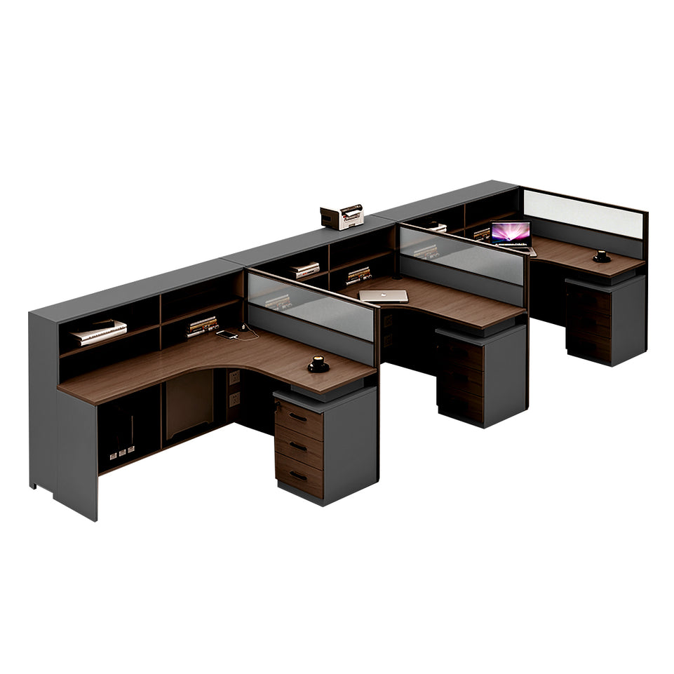 L-Shaped Office Desk with Built-In Outlets, Cable Management & Glass Top for Home Office