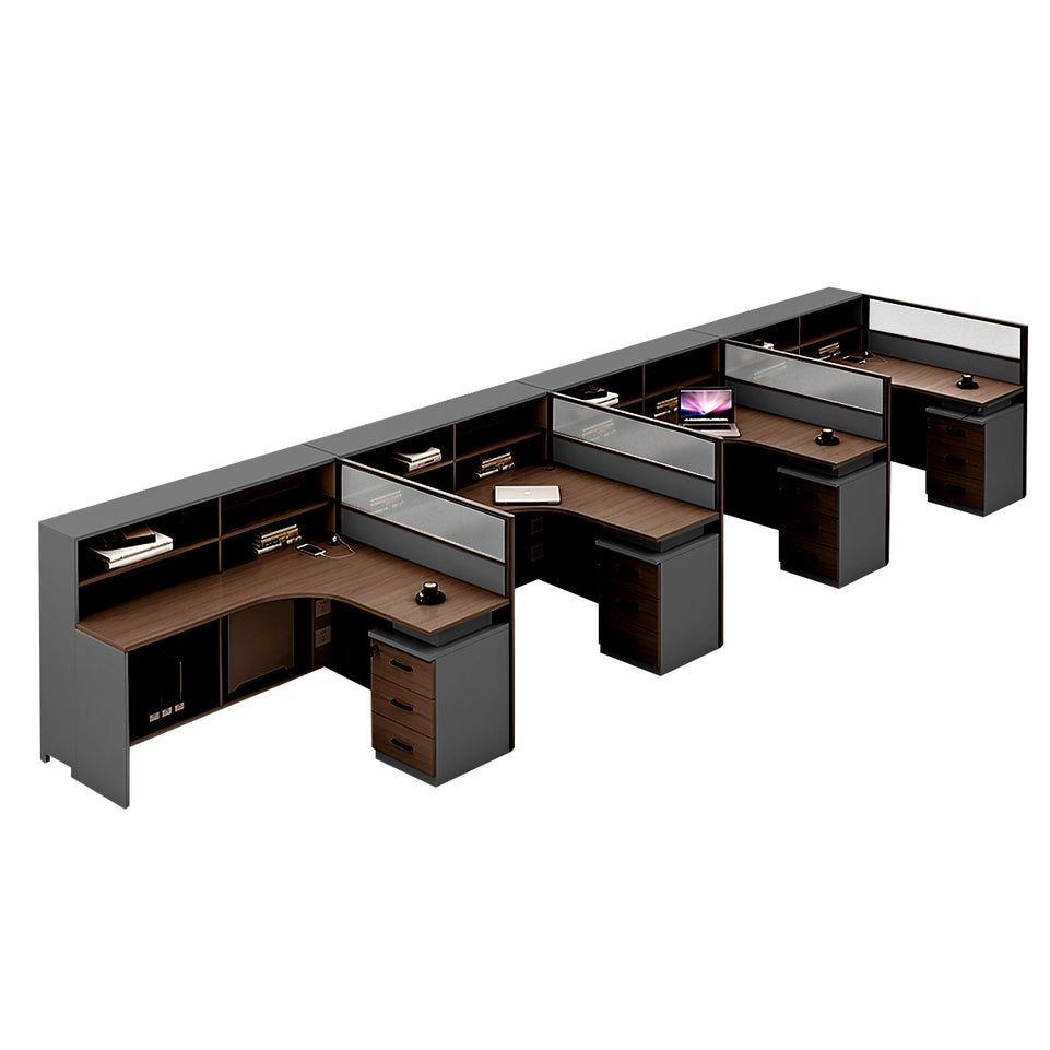 L-Shaped Office Desk with Built-In Outlets, Cable Management & Glass Top for Home Office