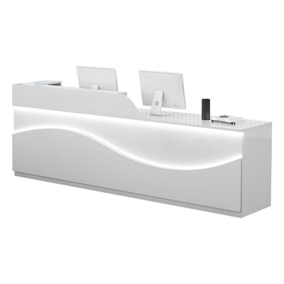 Modern Curved Reception Desk 63 in Wide with LED Accent Lighting, Lockable Drawers, Transaction Counter & Steel Frame（In Stock）
