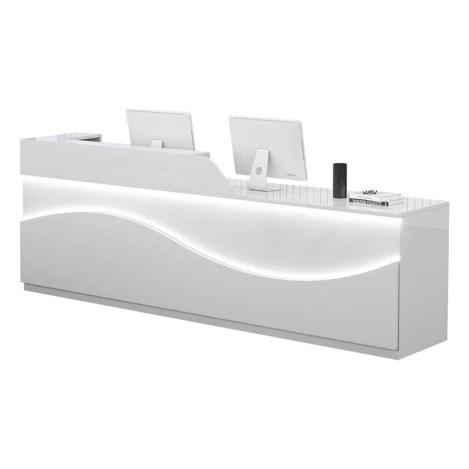 Modern Curved Reception Desk 63 in Wide with LED Accent Lighting, Lockable Drawers, Transaction Counter & Steel Frame（In Stock）