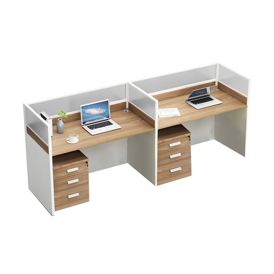 L-Shaped Office Desk with Privacy Panel, Glass Top & File Drawers for Home Office