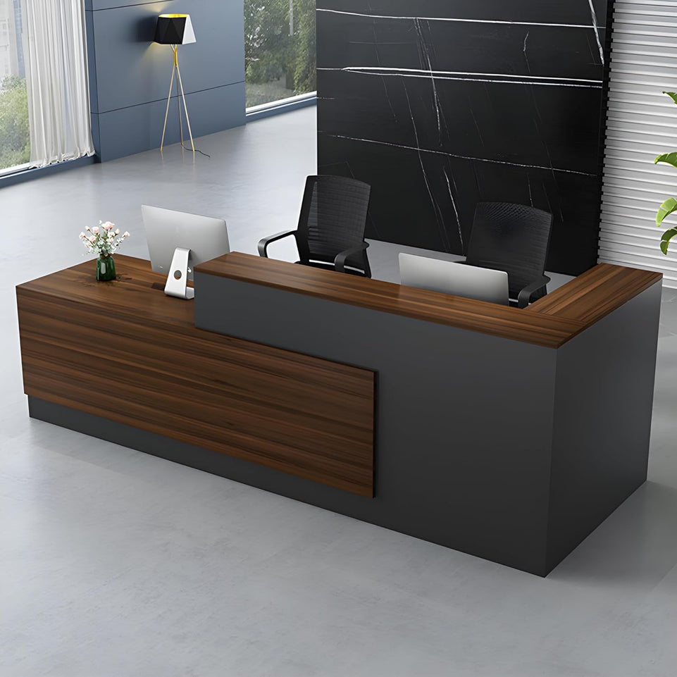 Color-Blocked L-Shaped Reception Desk with Keyboard Tray and Lockable Drawer for Offices and Hotels JDT-011-KC-W  (West Coast)