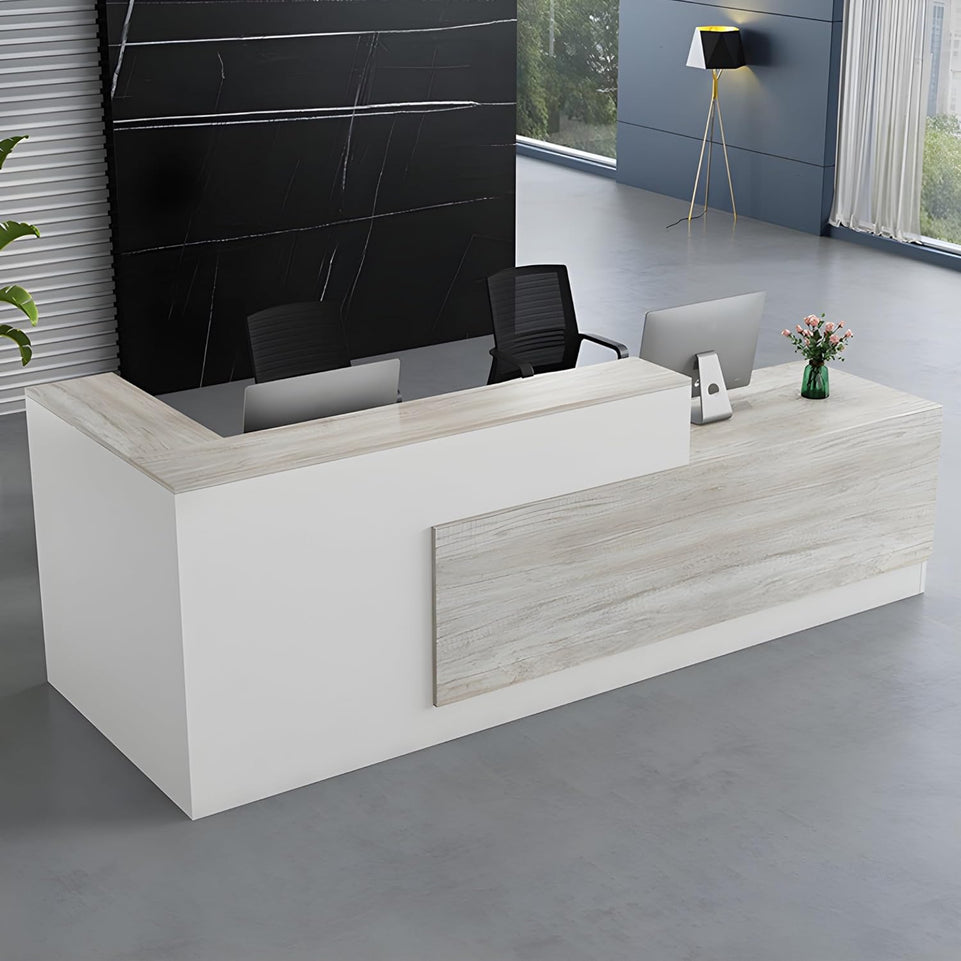 Color-Blocked L-Shaped Reception Desk with Keyboard Tray and Lockable Drawer for Offices and Hotels JDT-011-KC-W  (West Coast)