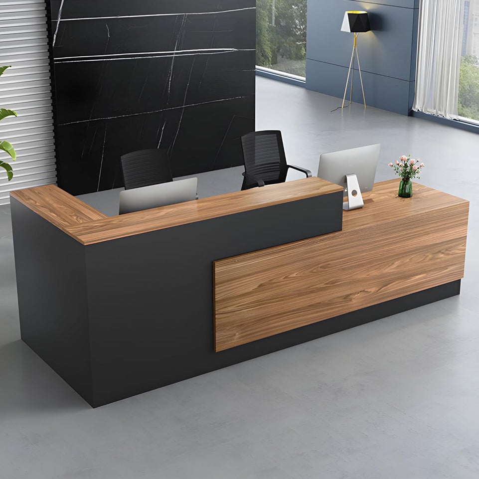 Color-Blocked L-Shaped Reception Desk with Keyboard Tray and Lockable Drawer for Offices and Hotels JDT-011-KC-W  (West Coast)