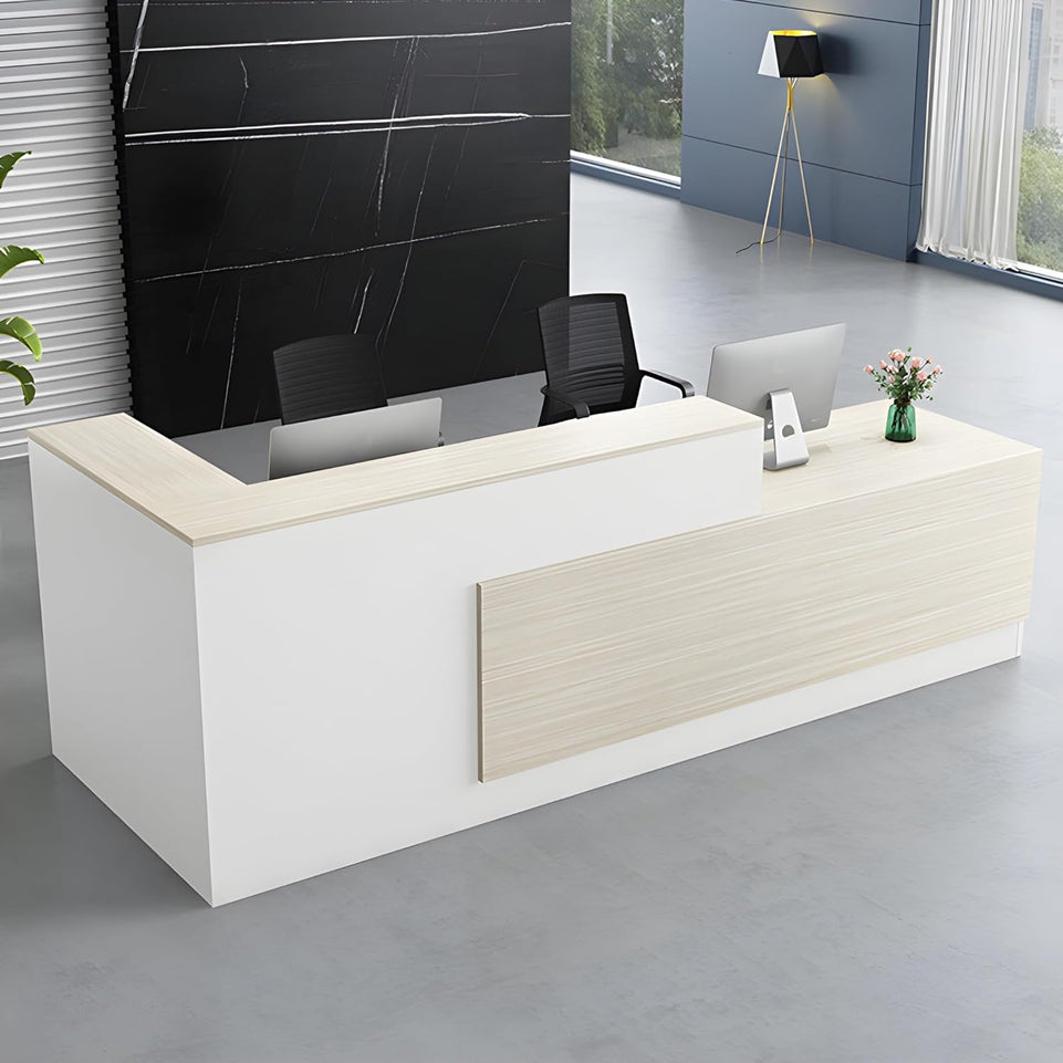 Color-Blocked L-Shaped Reception Desk with Keyboard Tray and Lockable Drawer for Offices and Hotels JDT-011-KC-W  (West Coast)