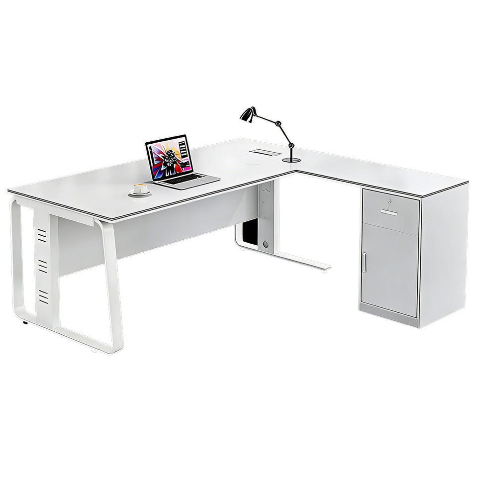 L-Shaped Executive Desk with Built-In Outlets, Cable Management & Privacy Panel