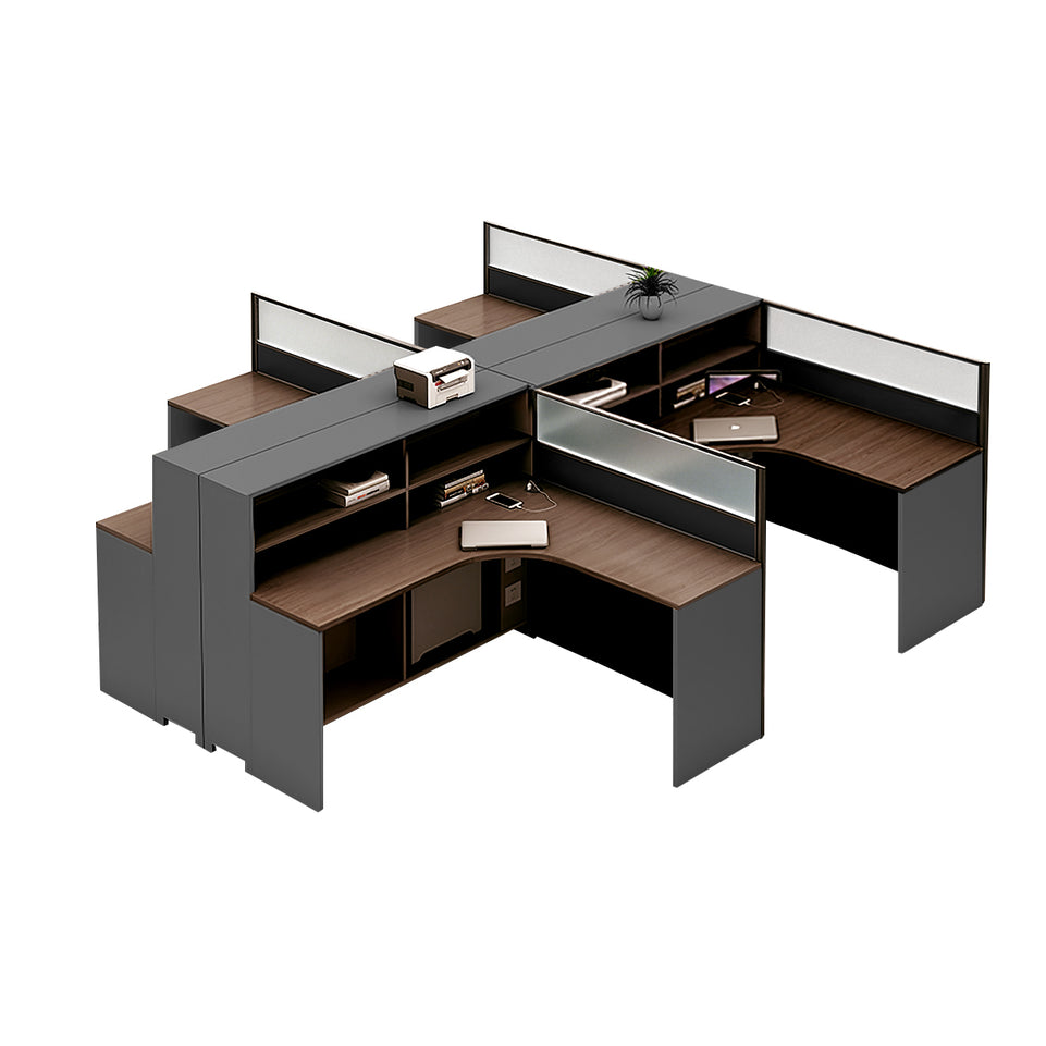 L-Shaped Office Desk with Built-In Outlets, Cable Management & Glass Top for Home Office