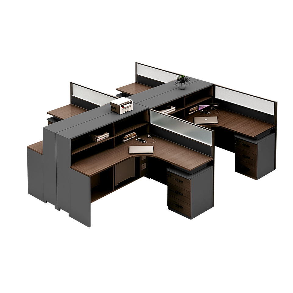L-Shaped Office Desk with Built-In Outlets, Cable Management & Glass Top for Home Office