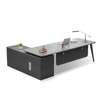 Modern Executive Desk with Cable Management, Curved & Side Storage for Home Office