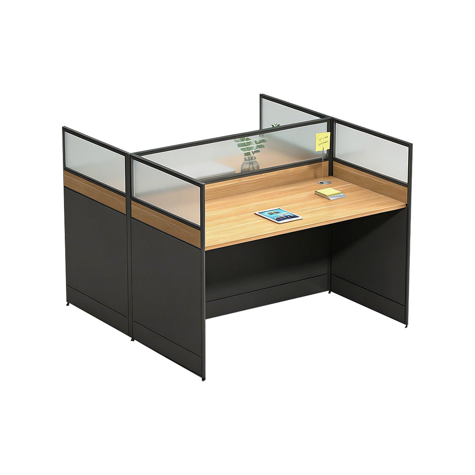 Modern Office Desk with Built-In Outlets, Cable Management & Glass Top for Home Office