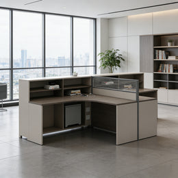 L-Shaped Office Desk with Built-In Outlets, Cable Management & Glass Top for Home Office