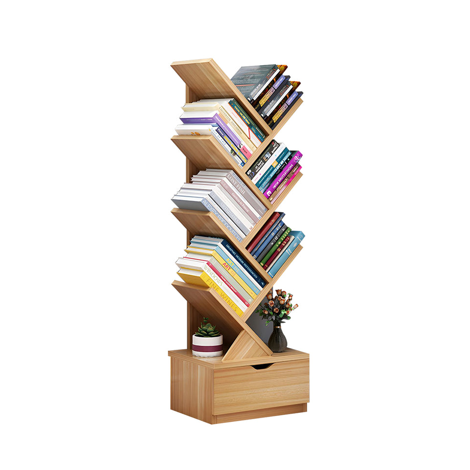 Compact Tree-Shaped Wooden Bookshelf with Vertical Storage, Wall-Aligned, Small Living Room Book Cabinet with Closed Door and Reinforced Support CWG-2181