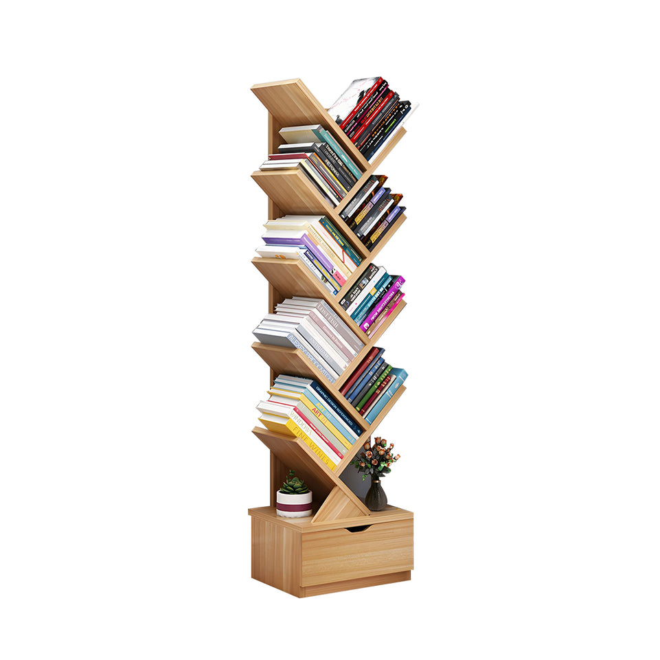 Compact Tree-Shaped Wooden Bookshelf with Vertical Storage, Wall-Aligned, Small Living Room Book Cabinet with Closed Door and Reinforced Support CWG-2181