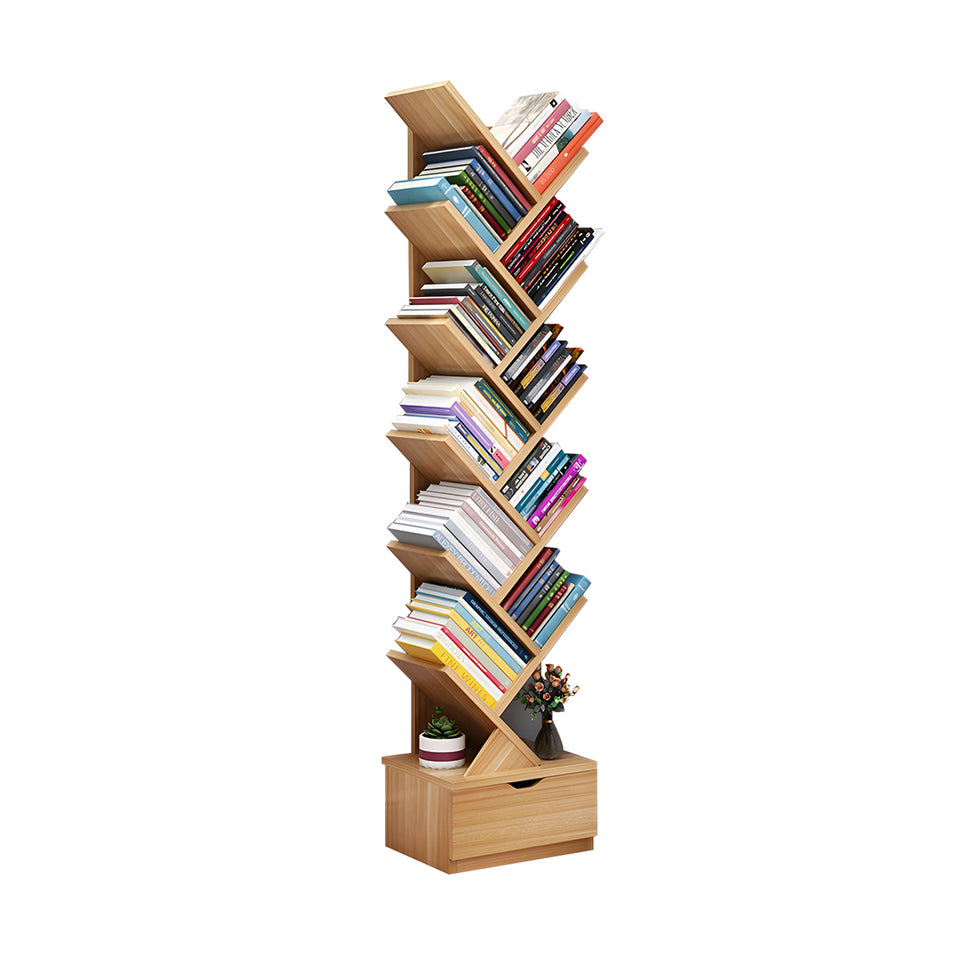 Compact Tree-Shaped Wooden Bookshelf with Vertical Storage, Wall-Aligned, Small Living Room Book Cabinet with Closed Door and Reinforced Support CWG-2181