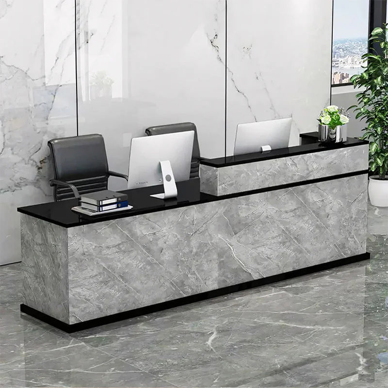 Curved Reception Desk with Keyboard Tray, File Drawers & LED Lighting for Hotel Lobby