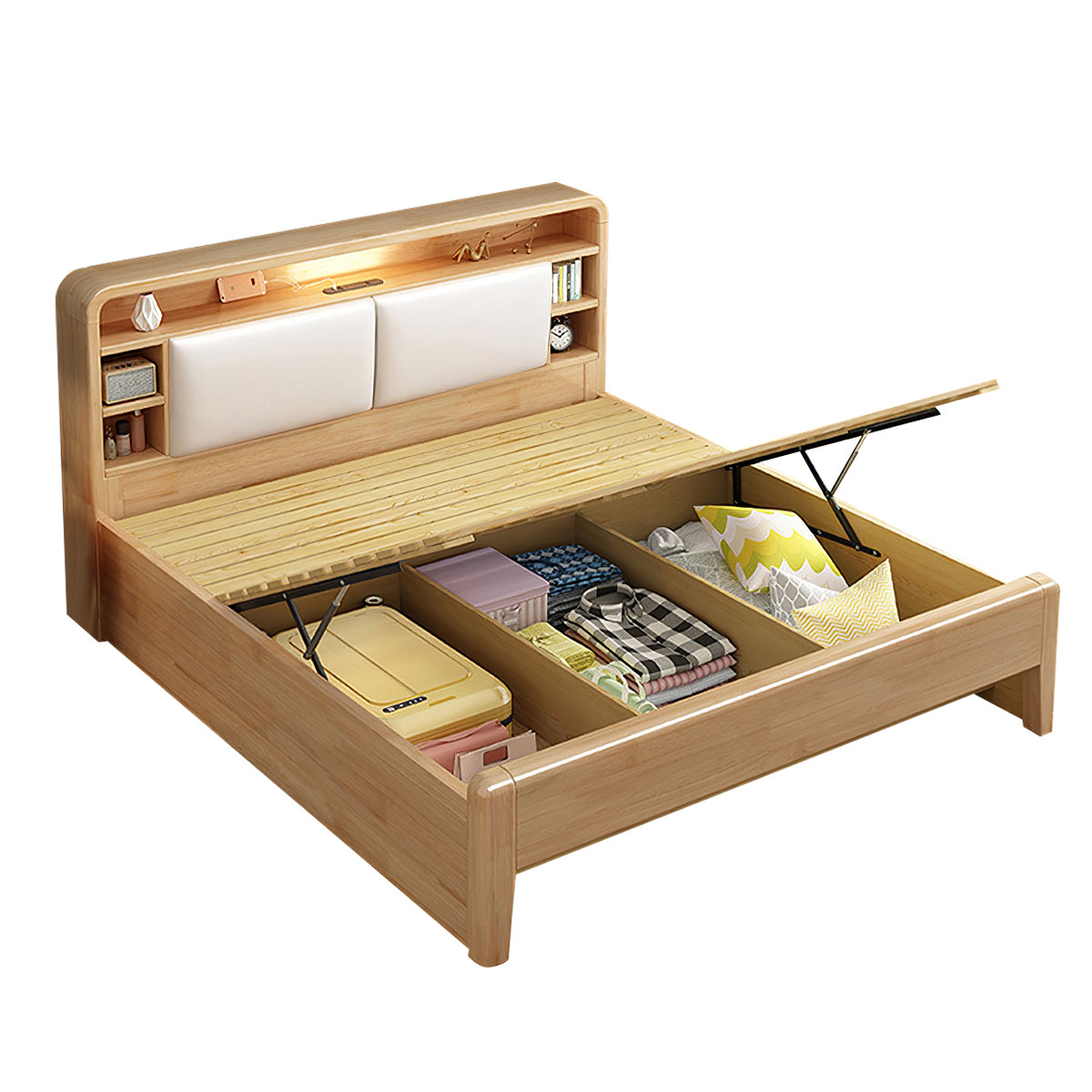 Solid Wood Bedroom Queen Bed with Storage Headboard (In Stock)