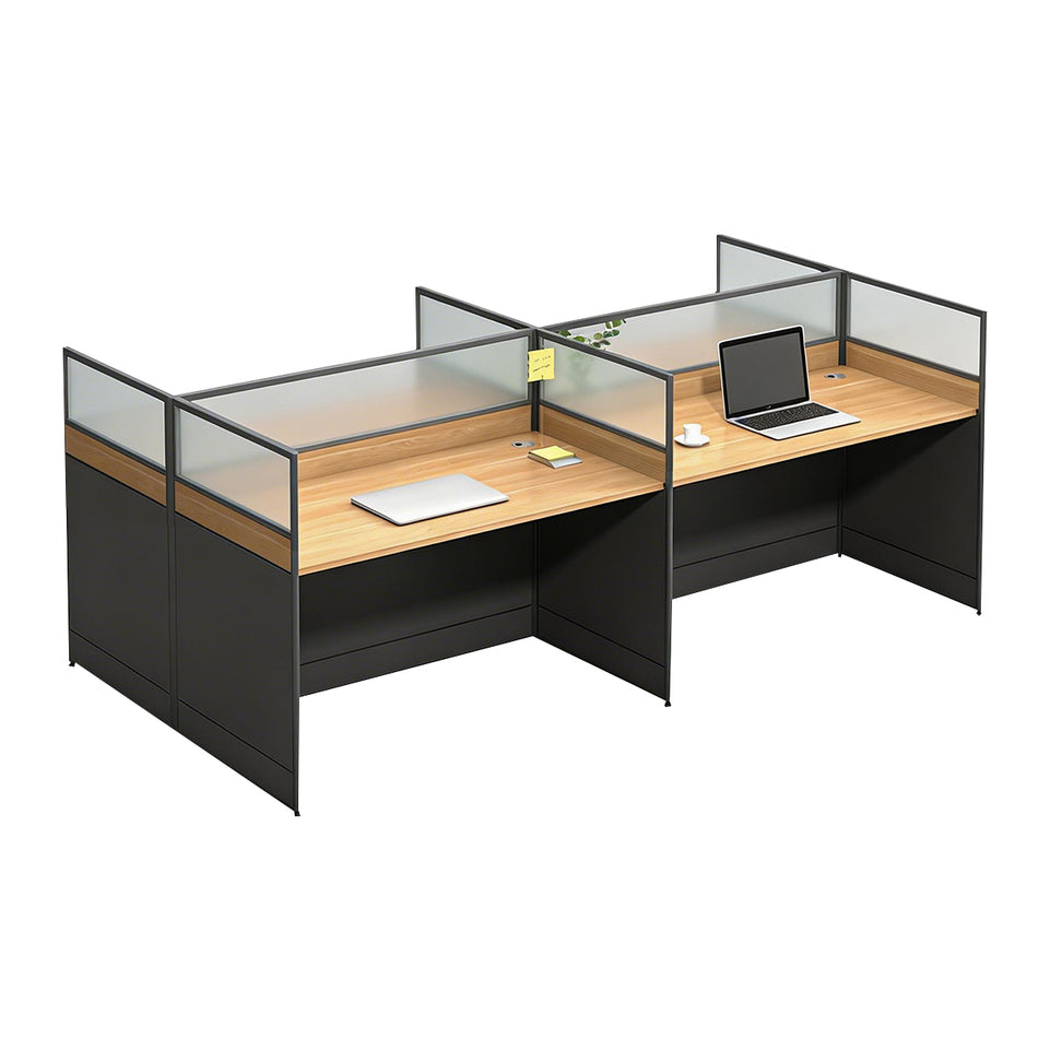Modern Office Desk with Built-In Outlets, Cable Management & Glass Top for Home Office