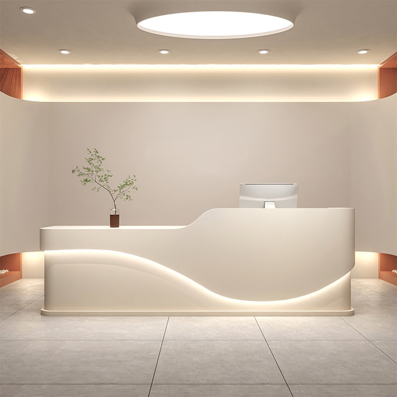 Curved Reception Desk 71-142 in Wide with Keyboard Tray, Lockable & LED Lighting for Salon