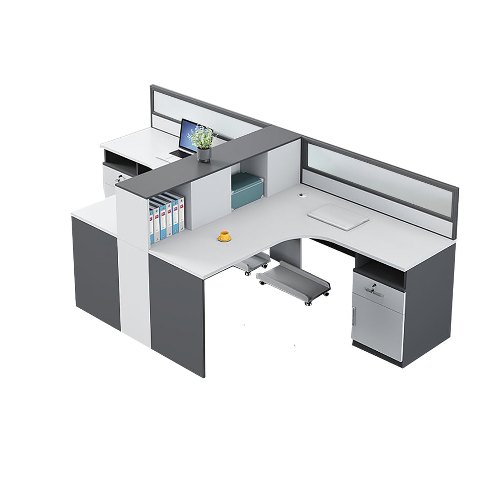 Office Workstation Desk with Privacy Panel, Cable Management & Glass Top for Home Office