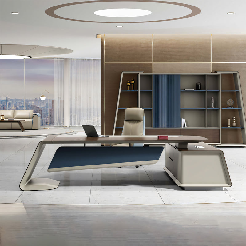 Modern Executive Desk 94-150 in Wide with Walnut, Curved & Side Storage for Home Office