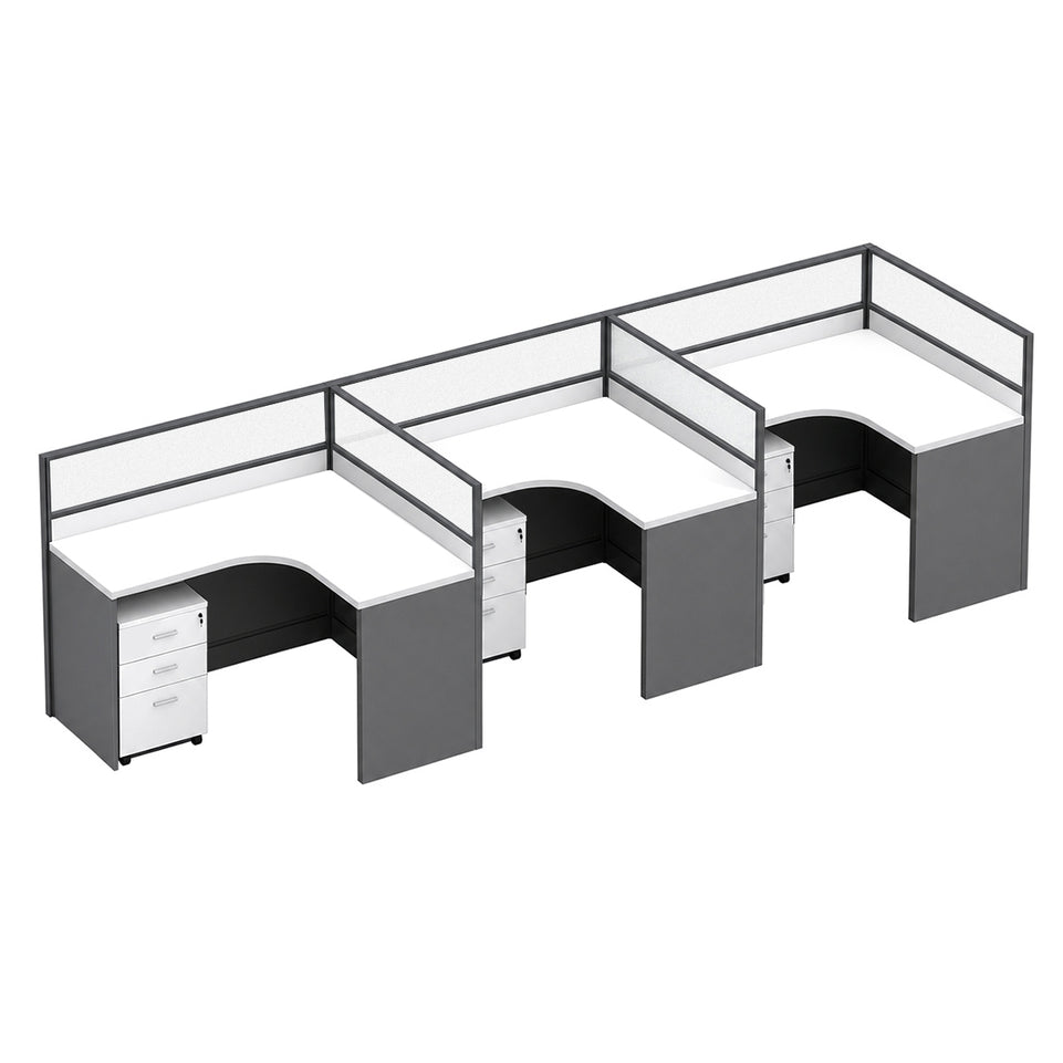 Modern Office Desk with 1" Thick Desktop, Frosted Privacy Panel, Integrated Cable Management & Mobile Storage Cabinet for Professional Workspaces