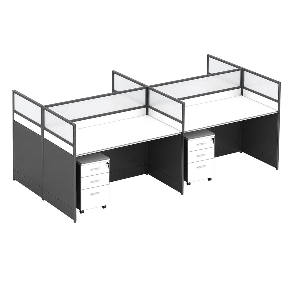 Modern Office Desk with 1" Thick Desktop, Frosted Privacy Panel, Integrated Cable Management & Mobile Storage Cabinet for Professional Workspaces