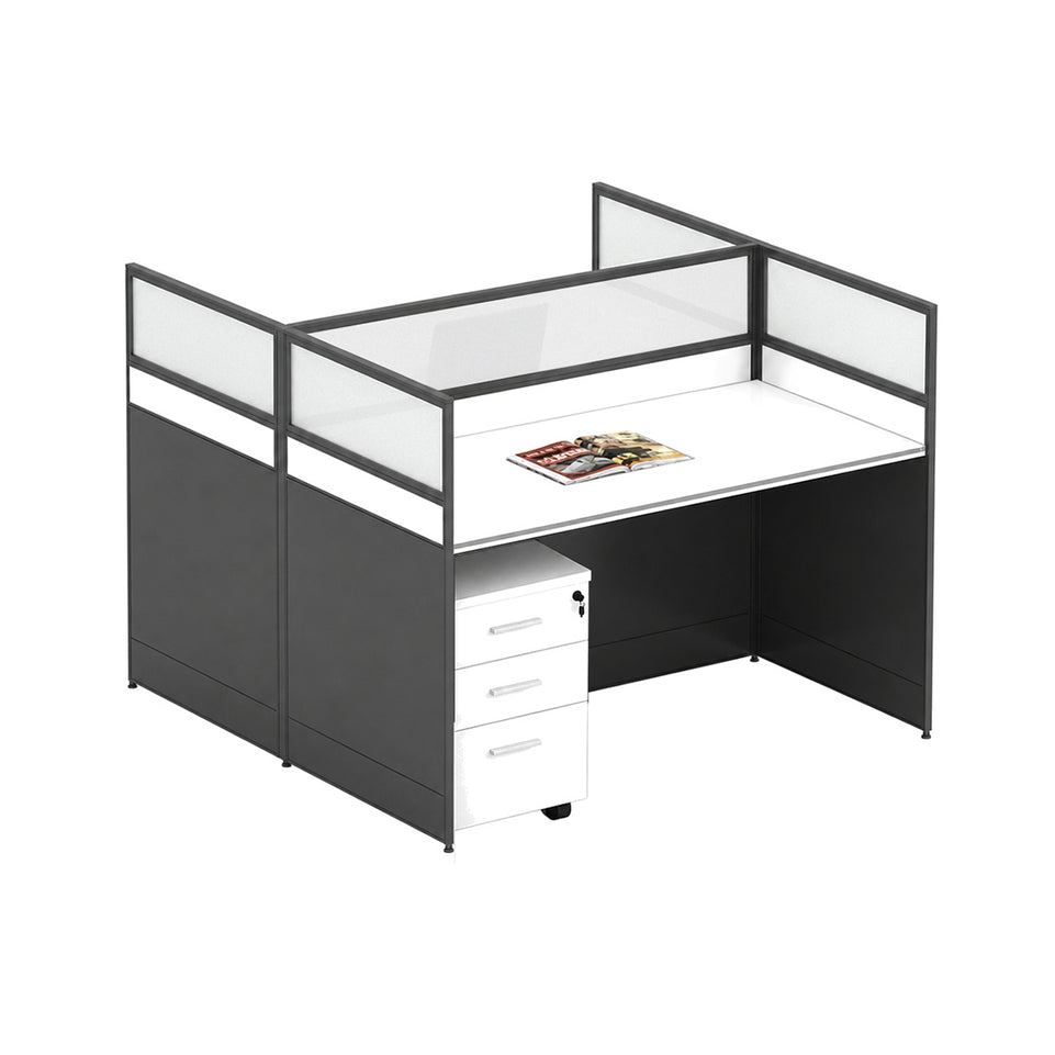 Modern Office Desk with 1" Thick Desktop, Frosted Privacy Panel, Integrated Cable Management & Mobile Storage Cabinet for Professional Workspaces