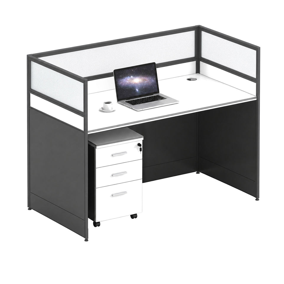 Modern Office Desk with 1" Thick Desktop, Frosted Privacy Panel, Integrated Cable Management & Mobile Storage Cabinet for Professional Workspaces