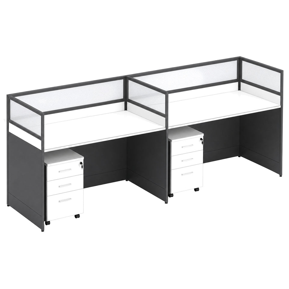 Modern Office Desk with 1" Thick Desktop, Frosted Privacy Panel, Integrated Cable Management & Mobile Storage Cabinet for Professional Workspaces