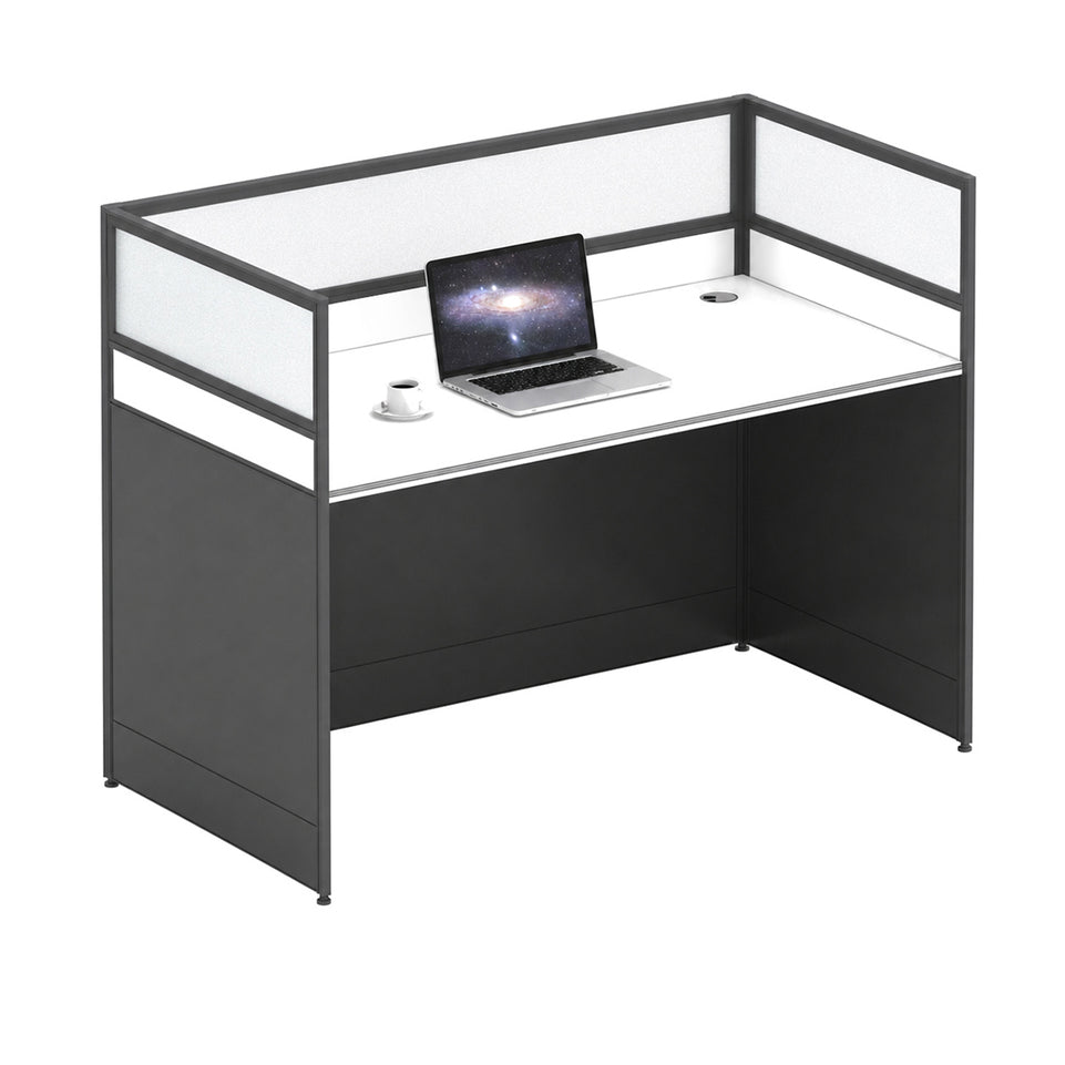 Modern Office Desk with 1" Thick Desktop, Frosted Privacy Panel, Integrated Cable Management & Mobile Storage Cabinet for Professional Workspaces