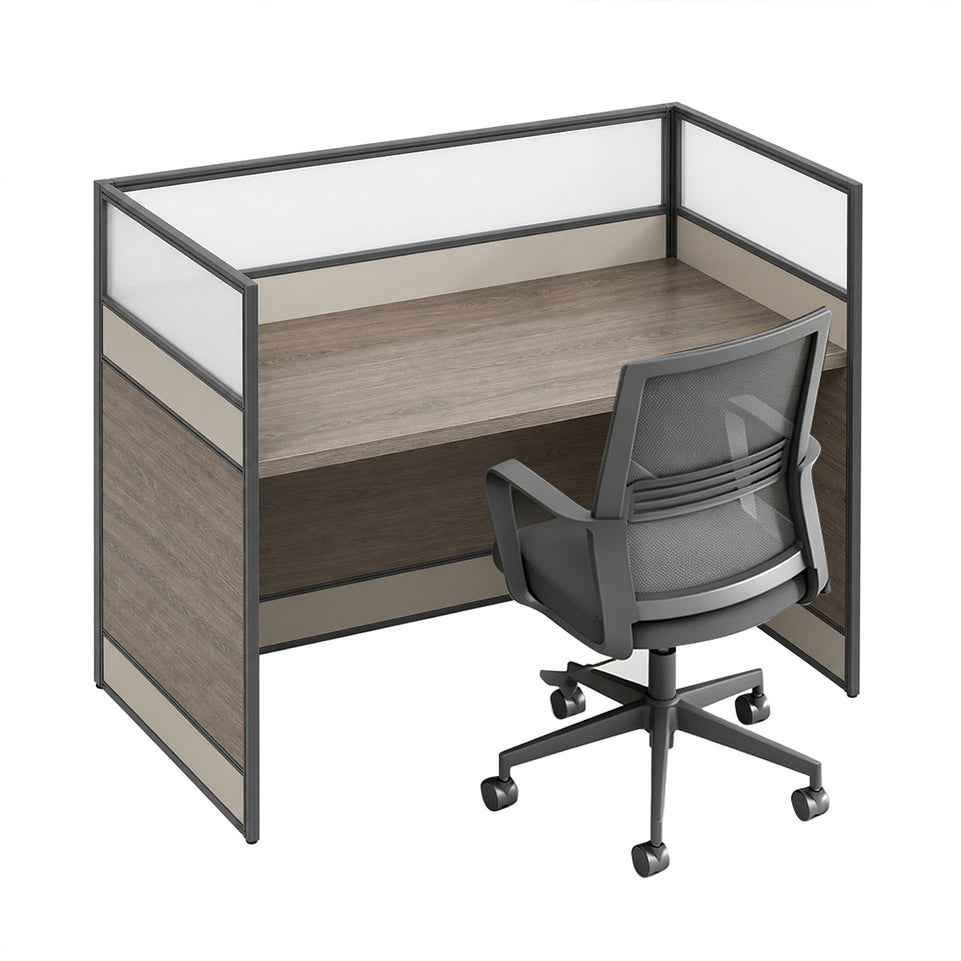 Modern Office Workstation Desk with 1" Thick Desktop, Frosted Privacy Panel, USB Ports & Mobile Pedestal Storage Cabinet