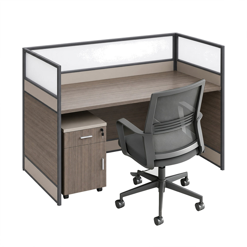 Modern Office Workstation Desk with 1" Thick Desktop, Frosted Privacy Panel, USB Ports & Mobile Pedestal Storage Cabinet