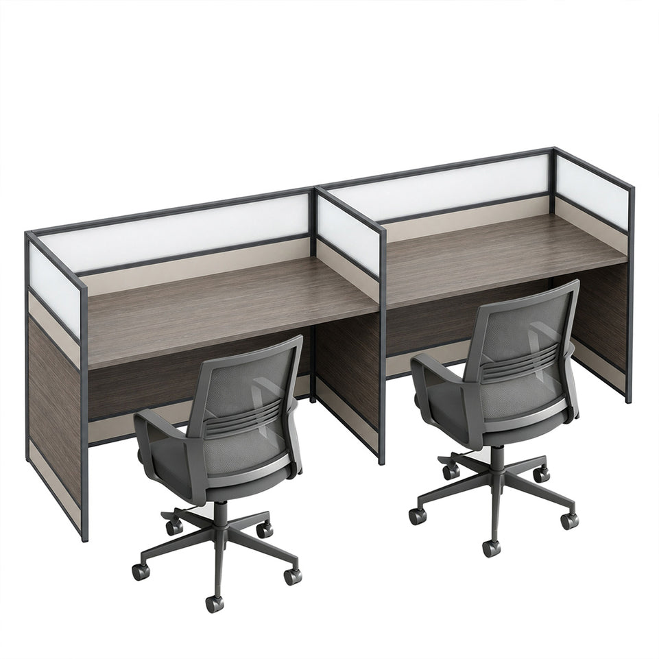 Modern Office Workstation Desk with 1" Thick Desktop, Frosted Privacy Panel, USB Ports & Mobile Pedestal Storage Cabinet