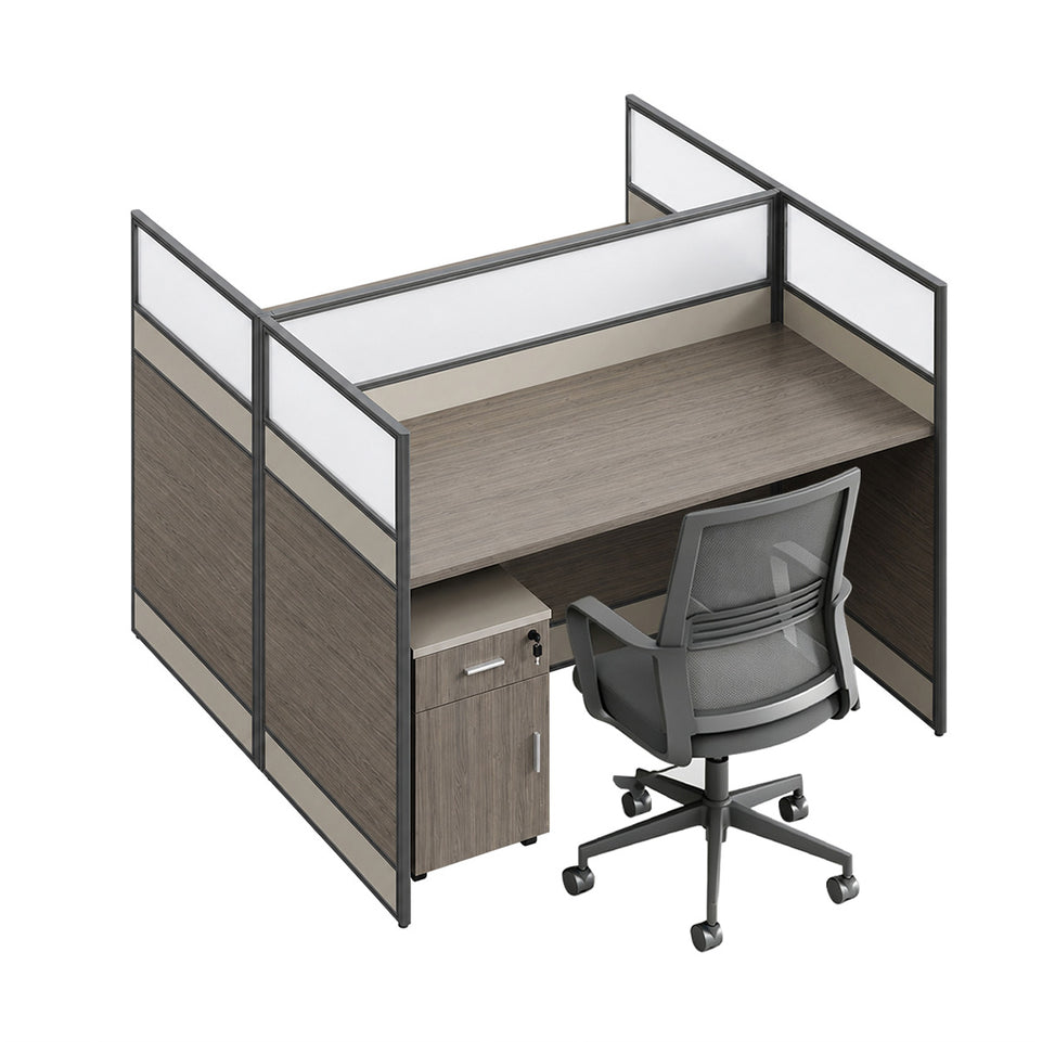 Modern Office Workstation Desk with 1" Thick Desktop, Frosted Privacy Panel, USB Ports & Mobile Pedestal Storage Cabinet