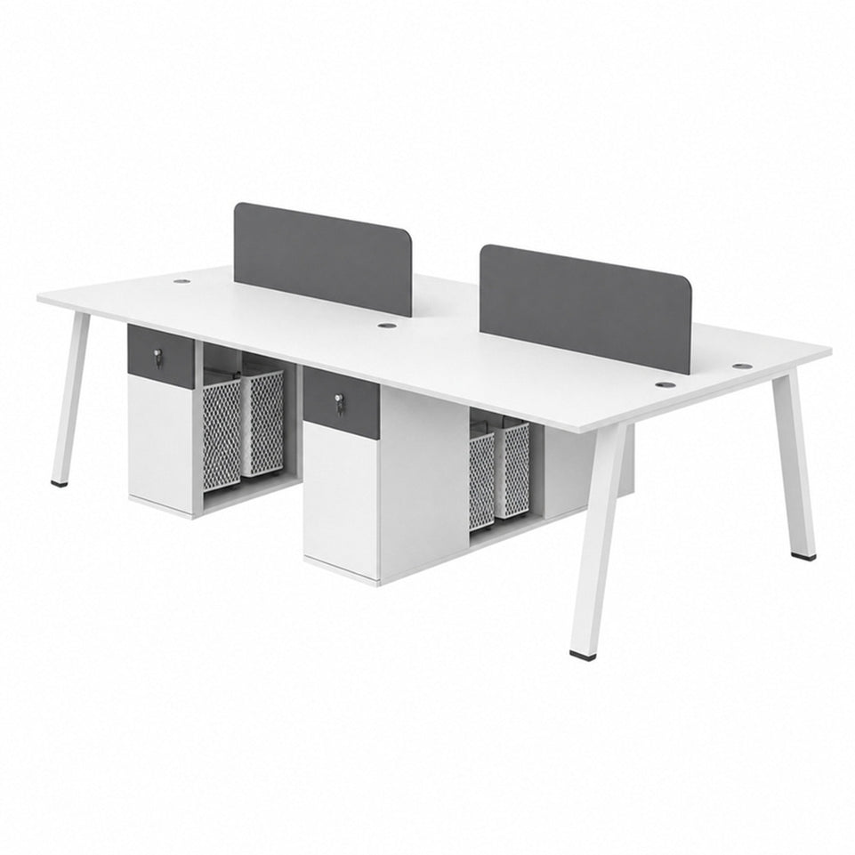 Modular Four-person Office Workstation Desk with Privacy Panel, Hidden Cable Management & Lockable Storage Cabinet for Team Workspaces