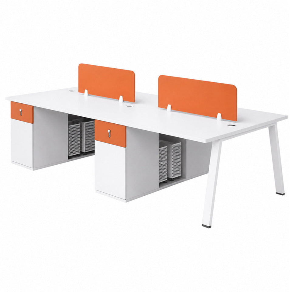 Modular Four-person Office Workstation Desk with Privacy Panel, Hidden Cable Management & Lockable Storage Cabinet for Team Workspaces