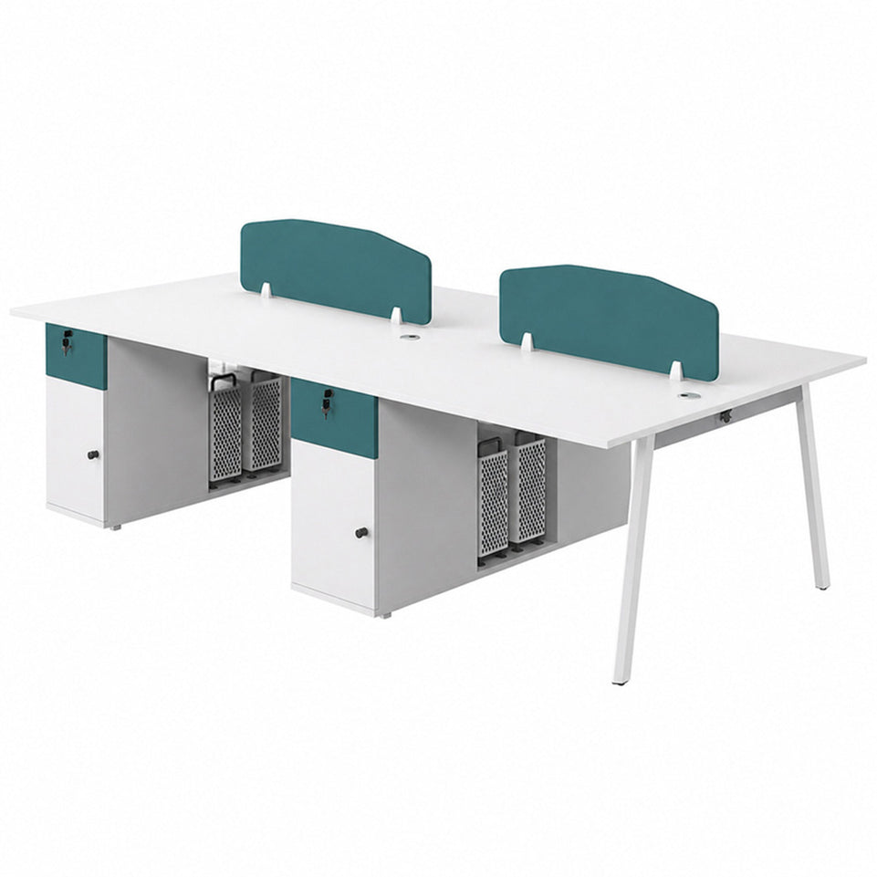 Modular Four-person Office Workstation Desk with Privacy Panel, Hidden Cable Management & Lockable Storage Cabinet for Team Workspaces
