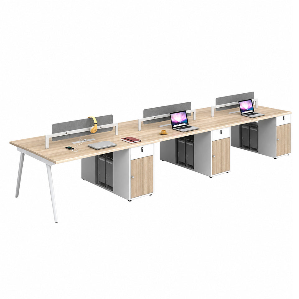 Modern Office Workstation Desk with Fabric Acoustic Privacy Panel, Adjustable Leveling Feet, Built-in Power Outlets & Large Storage Cabinet for 4–6 Person Workspaces