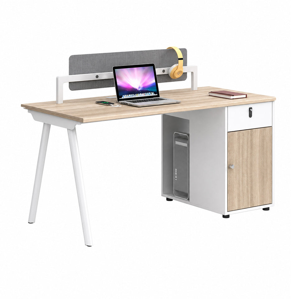 Modern Office Workstation Desk with Fabric Acoustic Privacy Panel, Adjustable Leveling Feet, Built-in Power Outlets & Large Storage Cabinet for 4–6 Person Workspaces