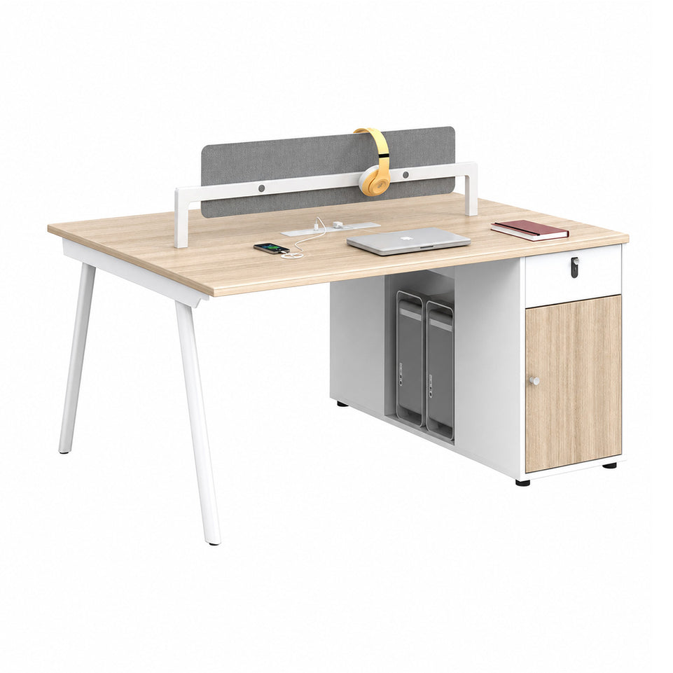 Modern Office Workstation Desk with Fabric Acoustic Privacy Panel, Adjustable Leveling Feet, Built-in Power Outlets & Large Storage Cabinet for 4–6 Person Workspaces