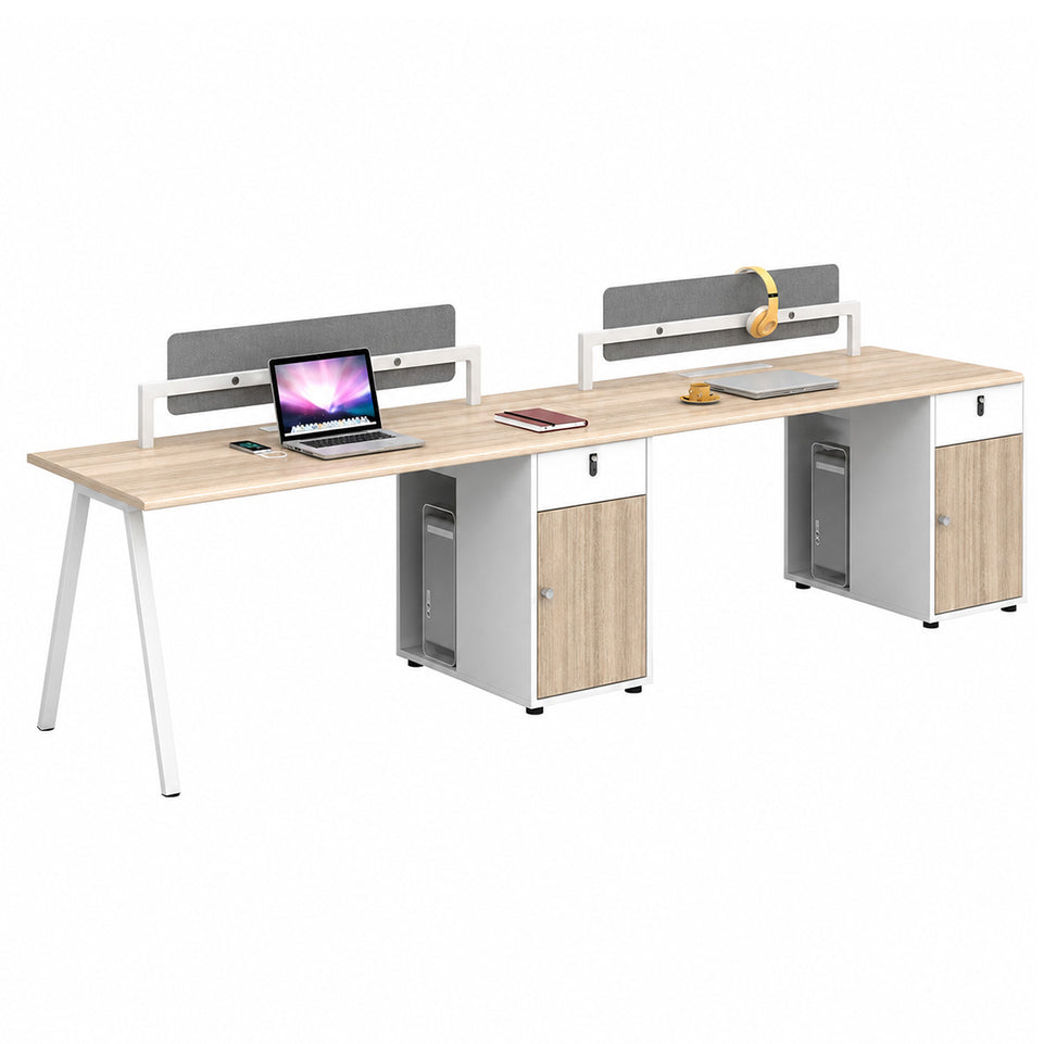 Modern Office Workstation Desk with Fabric Acoustic Privacy Panel, Adjustable Leveling Feet, Built-in Power Outlets & Large Storage Cabinet for 4–6 Person Workspaces
