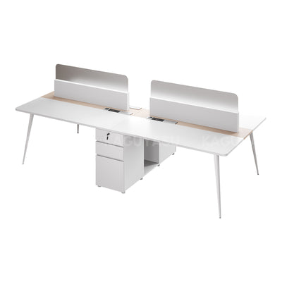 Minimalist 120" L 4-person Office Workstation Desk with Multifunctional Cable Box, Privacy Panels, Wood Grain Legs & Central Storage Cabinet for Collaborative Workspaces